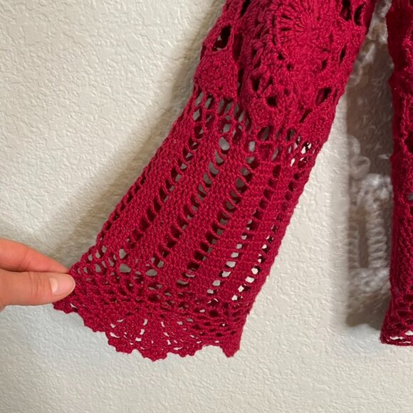 Airport Red Crochet Knit Suede Boho Flowy Festical Ramie Cotton Top | Large - Picture 4 of 5